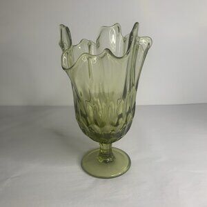 Glass Flower Vase Green Flowers Folded Pinched Top Stretched Glass 9 3/4" Tall